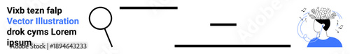 Research, creativity, analysis, abstract thinking, problem-solving, focus. A magnifying glass, lines and illustrated head with symbols ideas. Creativity and research concept