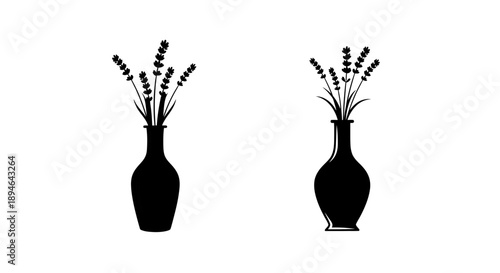 Two black and white depictions of lavender in slender vases