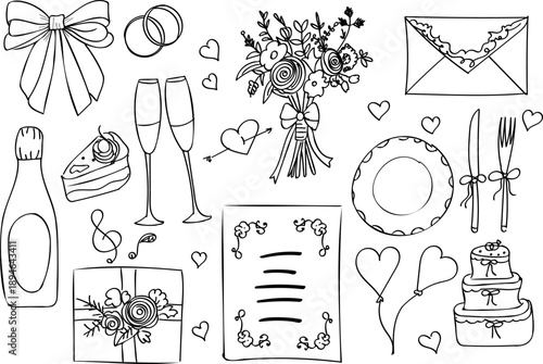 Hand-drawn wedding doodle set in black-and-white line art: rings, bouquet, cake, champagne, glasses, menu, gift, plate, cutlery and romantic icons — for invites, stickers, coloring.