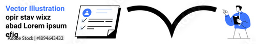 Business workflows, digital authorization, information sharing, management tools, professional communication, corporate processes. Document with checklist, professional figure and arrow. Business