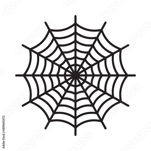 A simple black and white illustration of a classic spider web design