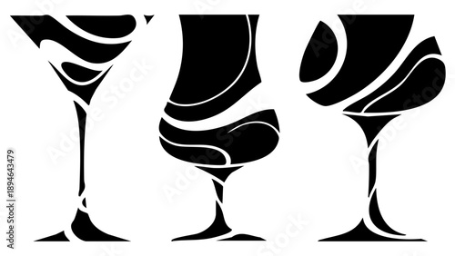 Abstract Black and White Cocktail Glasses Graphic Art Vector Illustration