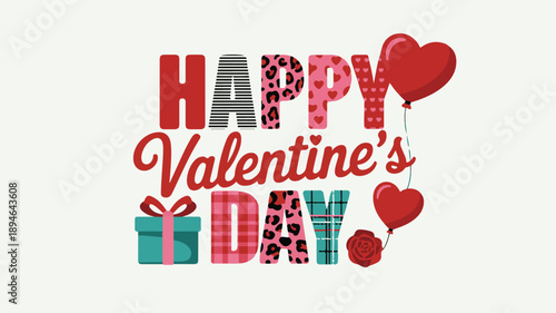Happy Valentines Day text with hearts balloons gift and rose Keywords: happy valentine's day, valentine, love, hearts