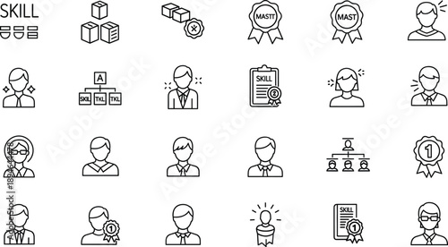 Skills and Professional Development Line Icon Set Featuring Employee Expertise, Training Certificates, Talent Management, Achievement Badges, and Career Growth Concepts