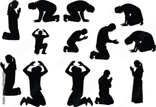 Black praying silhouettes in diverse kneeling and worship poses set on white background spiritual devotion meditation faith and religious practice icons