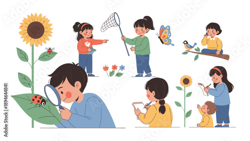 Illustration of children exploring nature with magnifying glass, catching butterfly, and playing with flowers in a colorful scene.