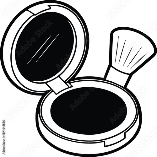 Monochrome Pressed Powder and Cosmetic Applicator Graphic, vector, illustration, silhouette.