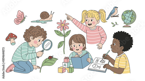 Illustration of diverse children engaging in educational activities with various objects on a white background.
