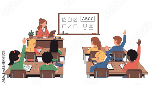 Illustration of a diverse group of students sitting at desks in a classroom, raising their hands and looking at a teacher with a whiteboard in the background, conveying a learning and