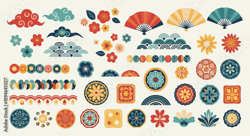 Vibrant East Asian Inspired Vector Elements Collection: Ornate Clouds, Blooming Flowers, Decorative Fans, and Intricate Geometric Motifs in Retro Color Palette for Design Assets