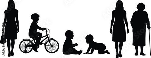 Black silhouettes of a family generation set including babies crawling a child on a bicycle women and an elderly grandmother