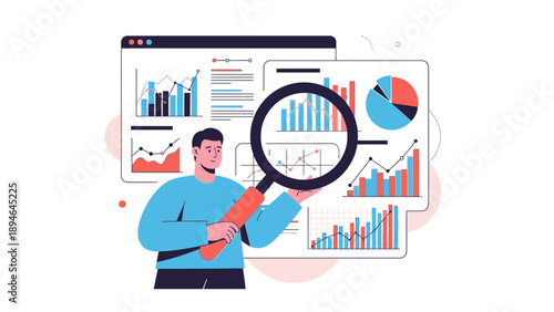 Illustration of a man holding a magnifying glass in front of a computer screen displaying various colorful graphs and charts.