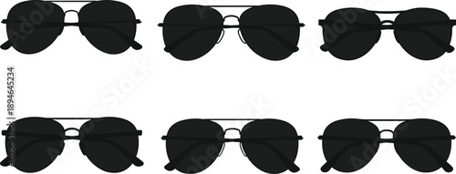 Set of classic aviator sunglasses silhouettes and outline icons, stylish retro pilot eyewear for fashion, summer, travel, and accessory designs