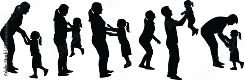 Black silhouettes of adults and children interacting in playful affectionate poses showing parenting bonding caregiving family connection minimalist vector icons