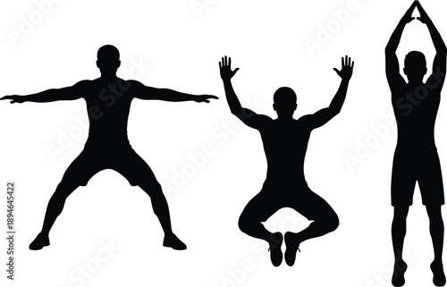 Black silhouettes of an athletic man performing various jumping exercises and dynamic fitness poses isolated on a white background vector