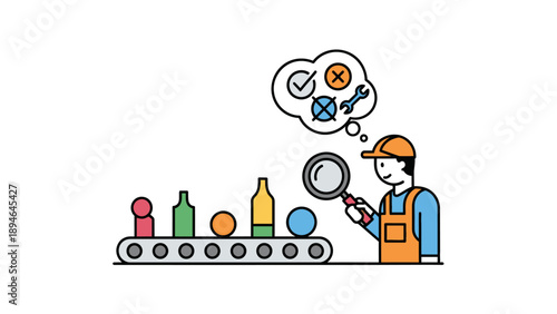 A cartoon worker in orange overalls inspects products on a conveyor belt with a magnifying glass, thinking about quality control checks.