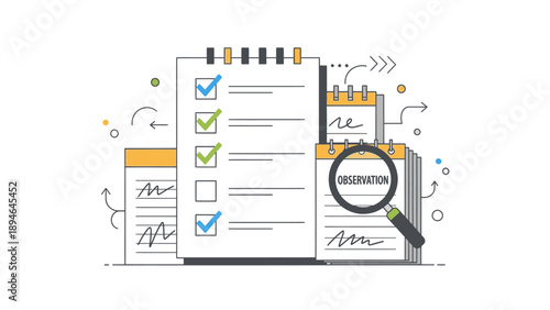 Illustration of a to-do list with checkboxes and a magnifying glass on a clipboard against a clean white background with colorful arrows and icons.