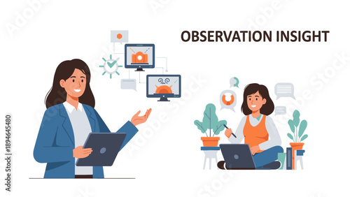 Two professional women collaborating on laptops with plants and graphs in a modern office setting with a productive mood.