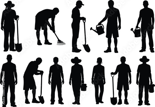 Black silhouettes of diverse men and women gardeners using shovels rakes and watering cans for farming and gardening on white background