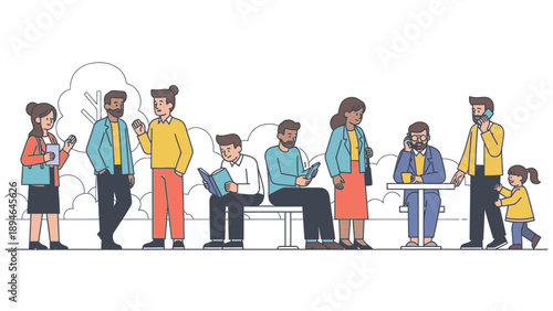 Illustration of a diverse group of people standing and sitting in a line, engaged in various activities with modern devices on a white background with a minimalist style and vibrant color