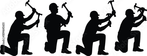 Black silhouettes of construction workers wearing hard hats kneeling and using hammers in various poses isolated on a white background vector