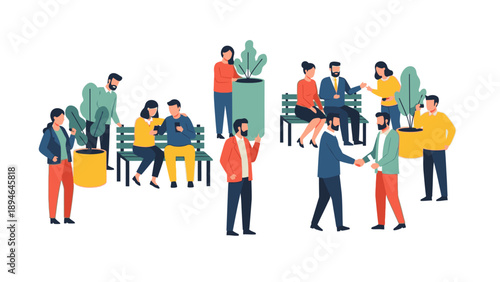 Flat illustration of diverse people interacting and socializing in a modern office space with plants and casual furniture.