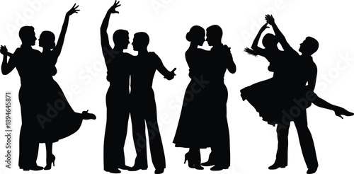 Black silhouettes of elegant couples performing various ballroom dance moves including salsa and tango isolated on a white background vector