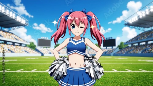 Anime Asian Cheerleader In Stadium Cheering With Silver Pompom And Blue Uniform, Twin Ponytails, Sunny Sky, Packed Bleachers, Vivid Green Field, Dynamic Poses, Playful Expressions, Energetic Routine.
