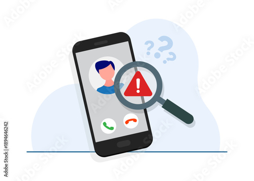 A flat vector illustration showing a smartphone with a warning sign and magnifying glass for scam call identification. Stock Illustration.