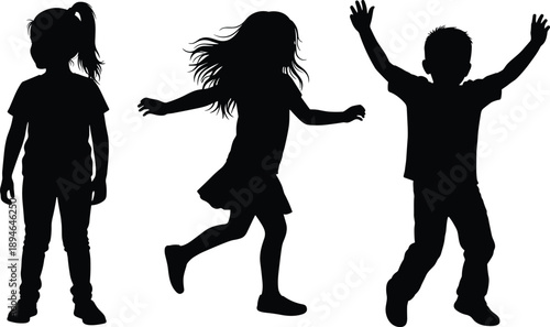 Black silhouettes of happy children playing and jumping including a young boy with arms raised and girls in active poses