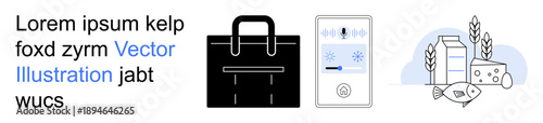Grocery shopping, smart appliances, food storage, sustainability, remote control, culinary. A bag, a smart fridge interface and food items thumbs up milk and fish. Grocery shopping and smart