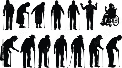 Black silhouettes of senior citizens and elderly people using walking sticks or wheelchairs in various standing and seated poses on white