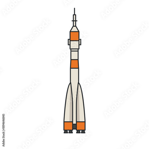 Space rocket monument standing vertically. Illustration. Object isolated on white background. Space exploration, science, city landmark.