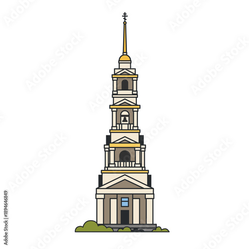 Bell tower with a tall spire and classical tiers. Illustration. Object isolated on white background. City landmark, history, tourism.