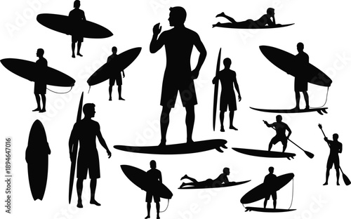 Black surfer silhouettes in various poses with surfboards paddling standing carrying and riding waves minimalist vector set for coastal lifestyle