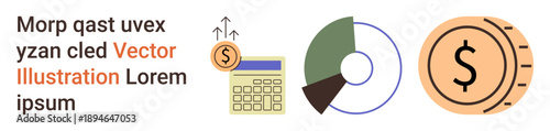 Financial planning, business analysis, investment strategies, growth metrics, profit visualization, data organization. a coin, calculator and pie chart. Financial planning and business analysis