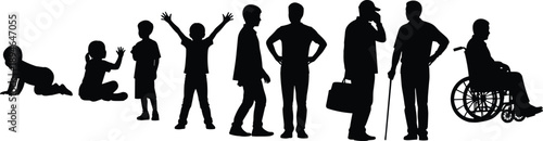 Black silhouettes showing human life cycle stages from a crawling baby and playing children to adults and a senior in a wheelchair