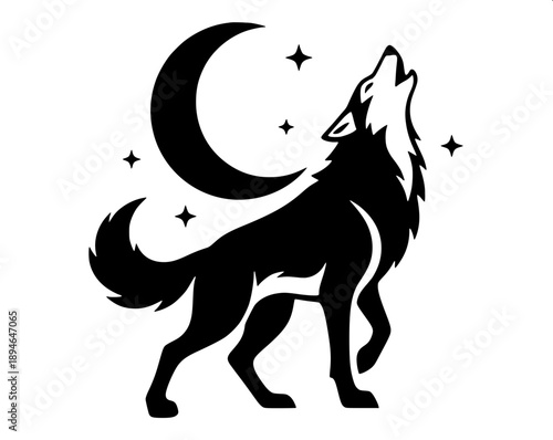 Wolf silhouette artwork, howling pose, flat design, no gradients, professional logo style