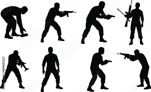 Eight black military silhouettes in tactical combat poses holding rifles pistols aiming crouching and standing minimalist vector set for training design