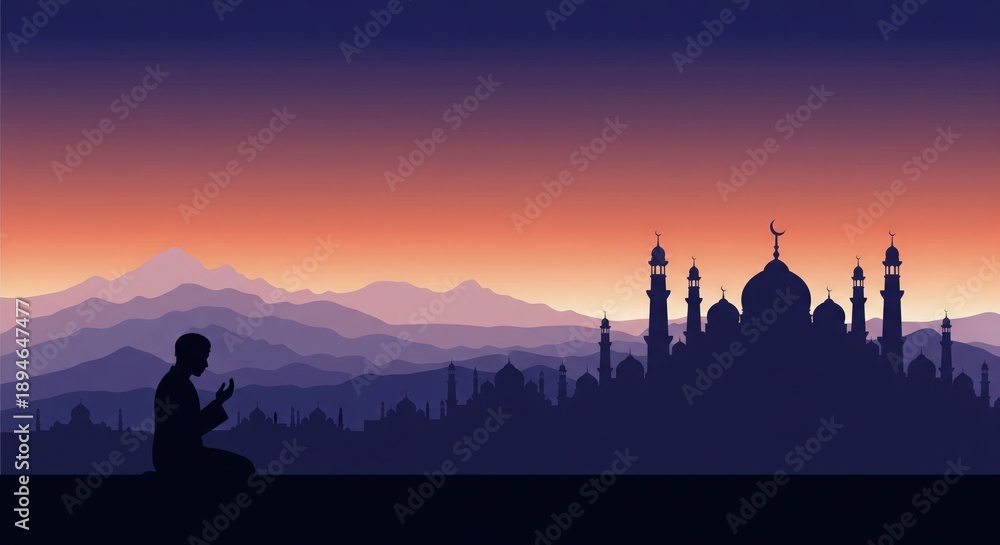 Fototapeta premium Peaceful Morning Prayer Silhouette with Minarets