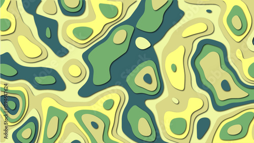 Abstract digital art featuring layered green and yellow shapes creating a topographic effect with varying depths and textures in a visually appealing design suitable for backgrounds or graphic element