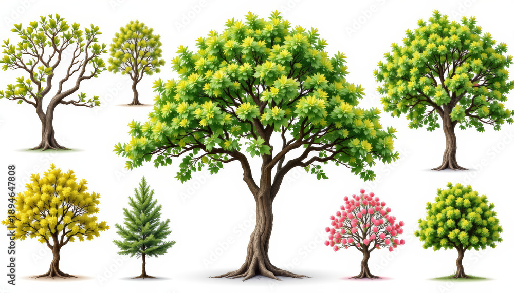 Obraz premium Tree foliage green nature botanical illustration spring isolated Tree foliage green nature botanical illustration spring isolated collection set