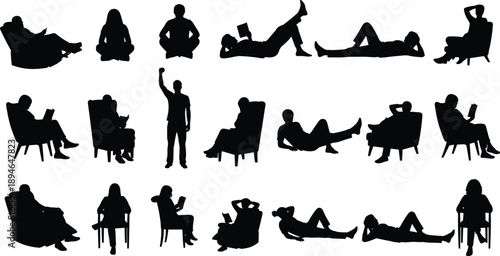 Large set of black silhouettes featuring men and women relaxing sitting in armchairs reading books and lying down on white