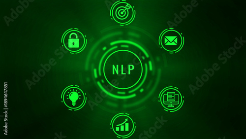 A natural language processing NLP) concept visualized as a central glowing neon green circle with the text NLP, surrounded by six interconnected for target, email, document, growth chart