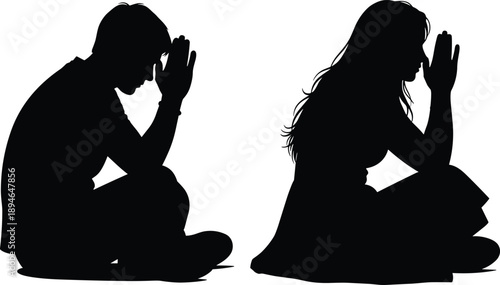 seated silhouettes facing each other in contemplative pose on white background conveying introspection meditation connection emotional reflection and quiet companionship