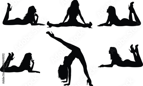 Six black high heel silhouettes in dynamic acrobatic and reclining poses showcasing flexibility balance fashion editorial pinup style minimalist vector set
