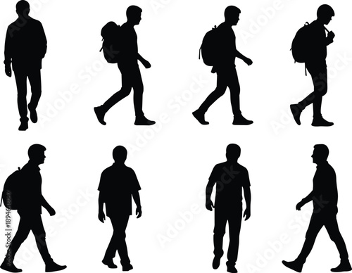 Set of black silhouettes featuring men and young male students with backpacks walking in various profile poses isolated on white