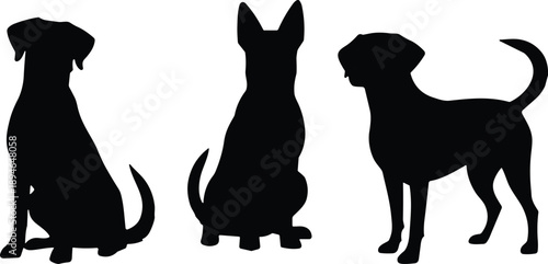 Three black dog silhouettes in varied poses sitting and standing against white background, canine profile comparison for design identification and pet branding