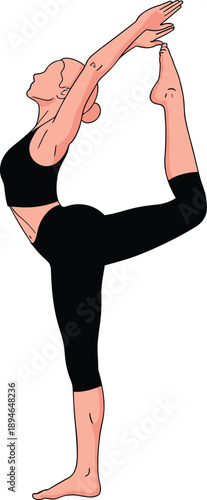 Vector illustration of a flexible woman practicing a challenging standing backbend yoga pose with leg raised on white background
