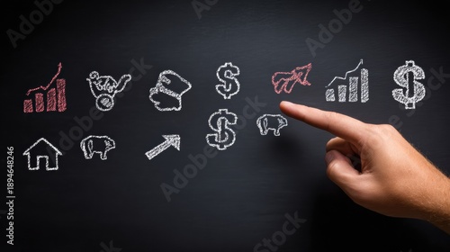 Hand Hovers Above Buy and Sell Symbols on a Black Background Showcasing Stock Market Activity and Financial Decisions